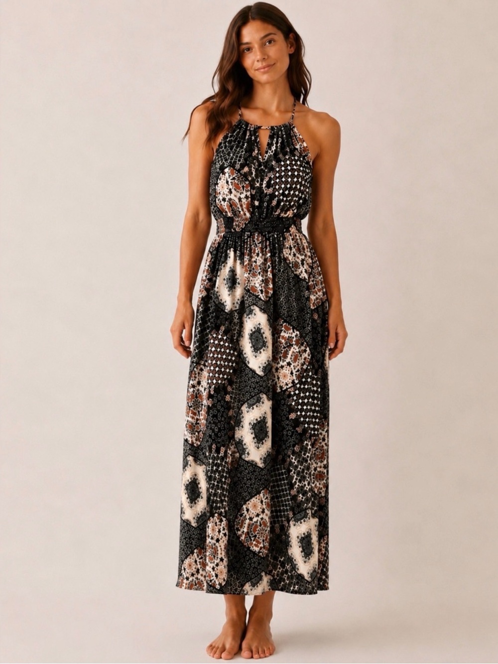 Patchwork Halter Maxi Dress in Black, Cream & Rust Small
